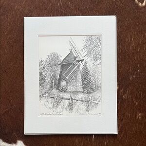 framed black and white ink drawing Old Windmill at Eastham,signed by the artist